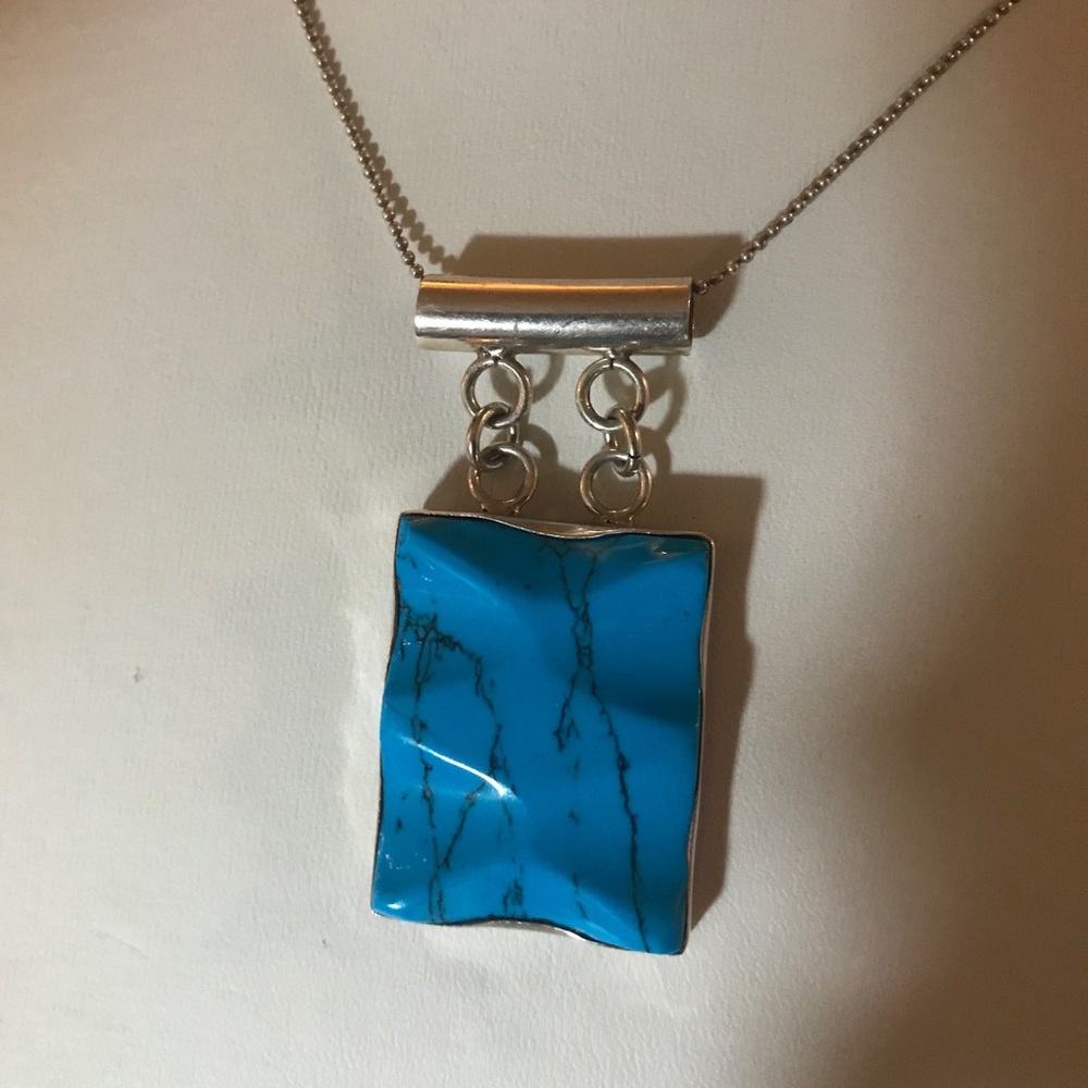 Sterling Silver Turquoise Square Pendant  925 Necklace 17.5” Made in Mexico